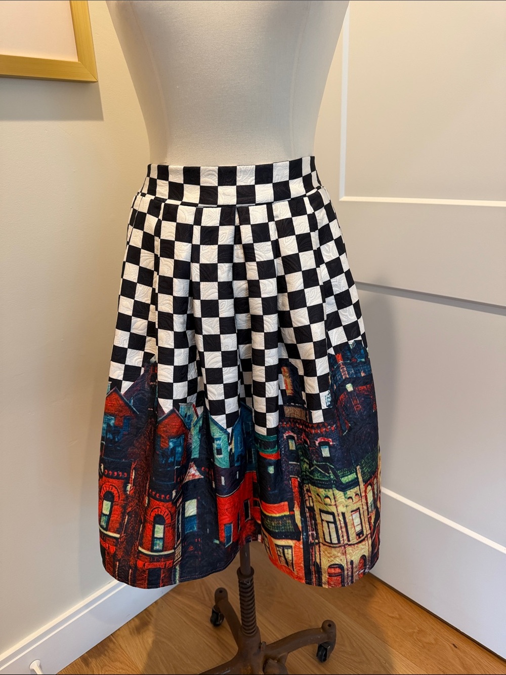 Shikha London Graphic Checkerboard Circle Skirt with Colorful City Border S/M